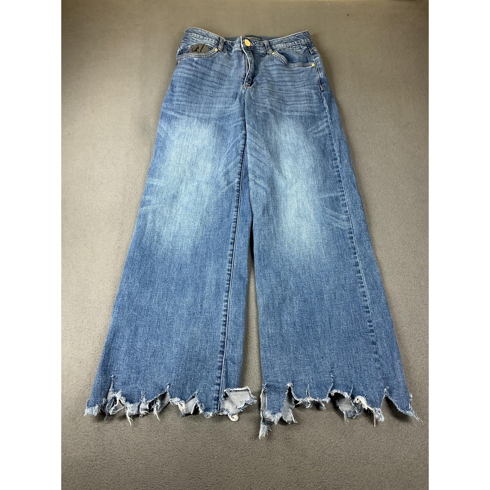 Democracy Jeans Womens 8 Blue Wide Leg Relaxed Distressed Fringe 32 Inseam Boho
